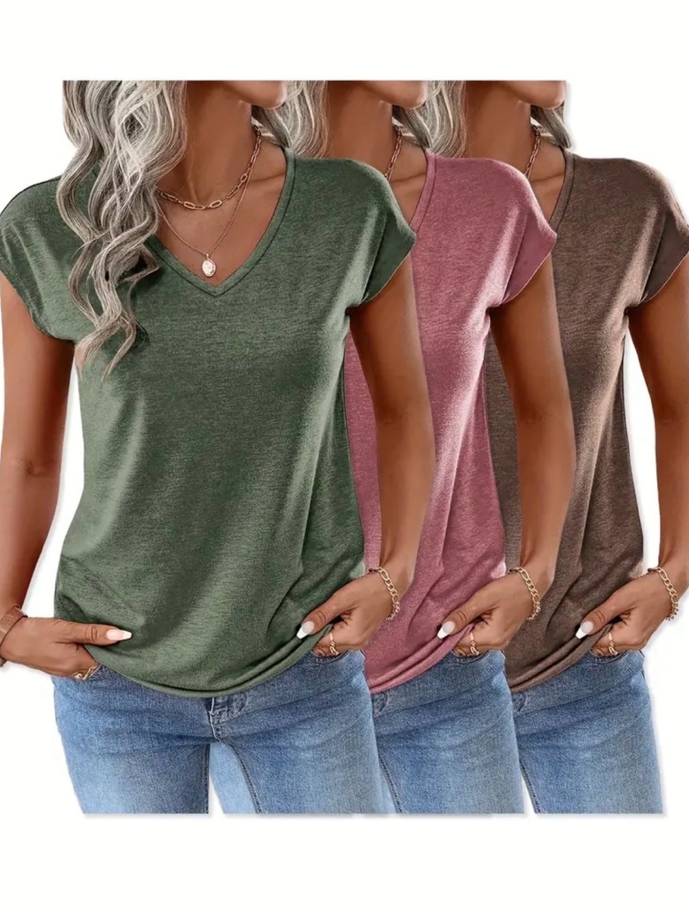 Bliwov 3 Pack Womens Cap Sleeve Tops V Neck T Shirts Summer Spring Vacation - Picture 2 of 4